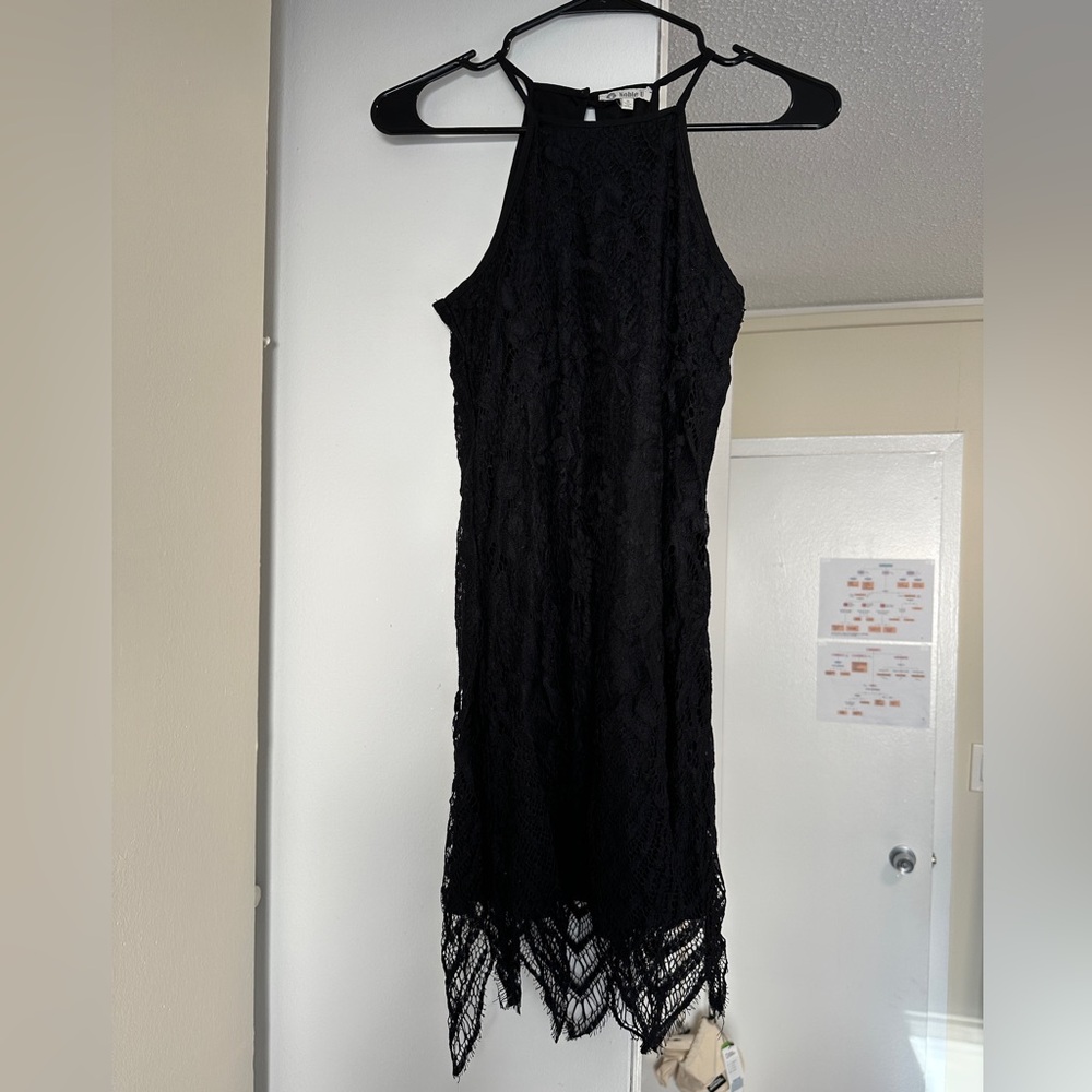 Francesca’s Noble U Halter Black Lace Dress